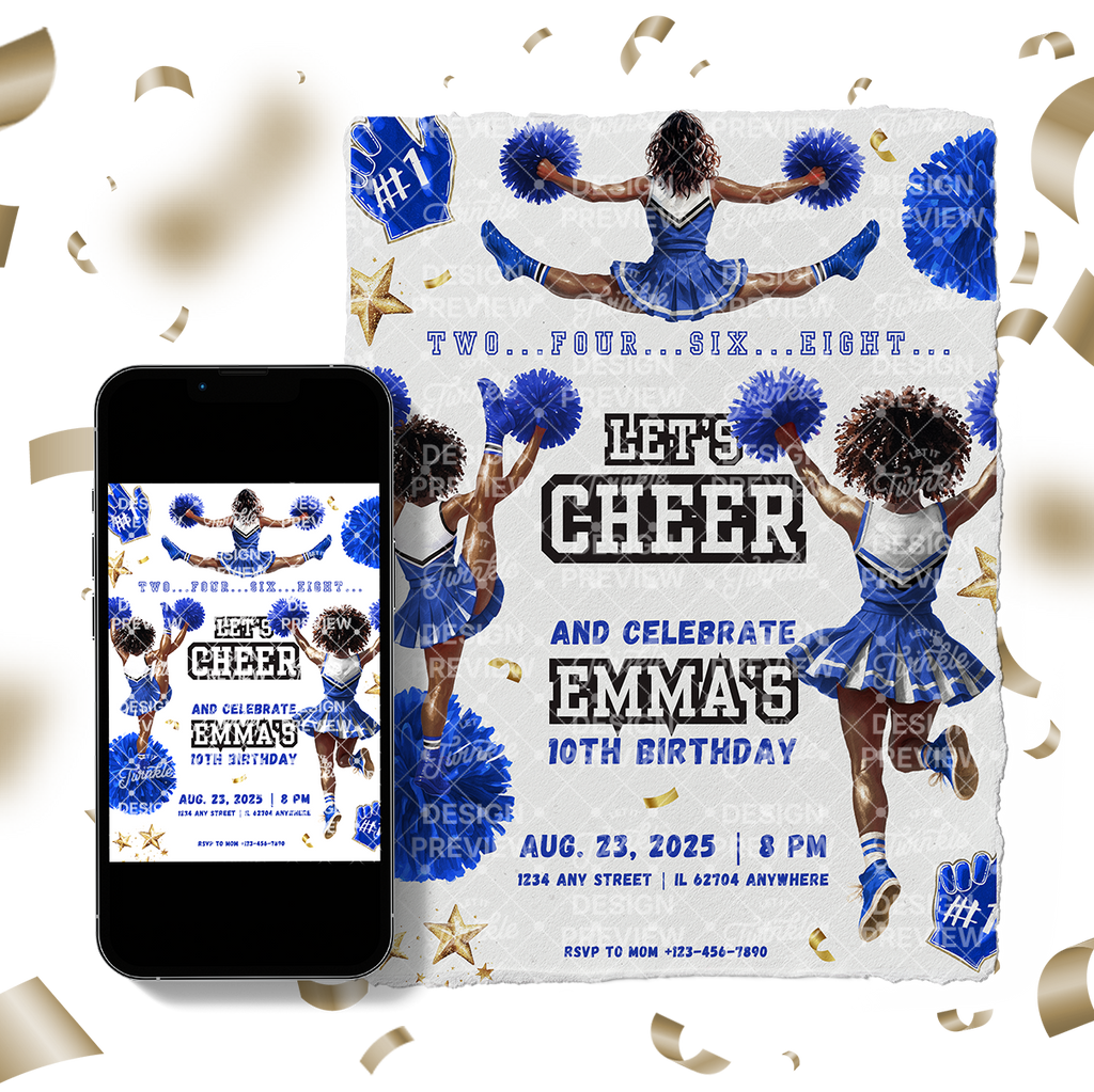 Let's Cheer Birthday Invitation Template • Editable Canva Invitation • Blue