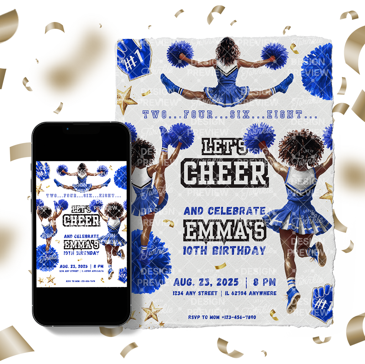 Let's Cheer Birthday Invitation Template • Editable Canva Invitation • Blue