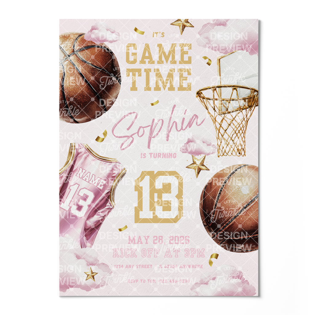 Basketball Birthday Invitation Template • Editable Canva Invitation • Pink & Gold