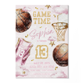 Basketball Birthday Invitation Template • Editable Canva Invitation • Pink & Gold