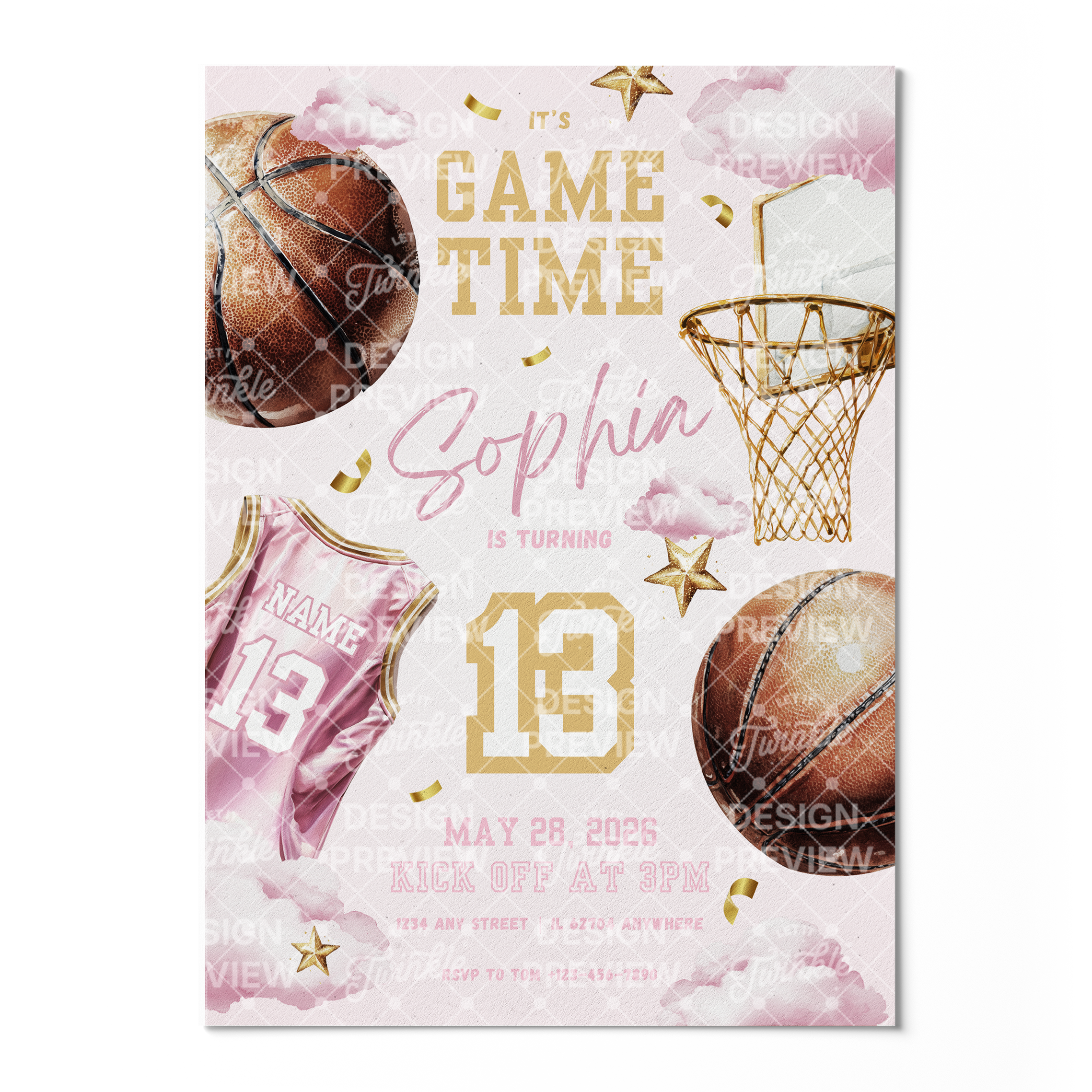 Basketball Birthday Invitation Template • Editable Canva Invitation • Pink & Gold