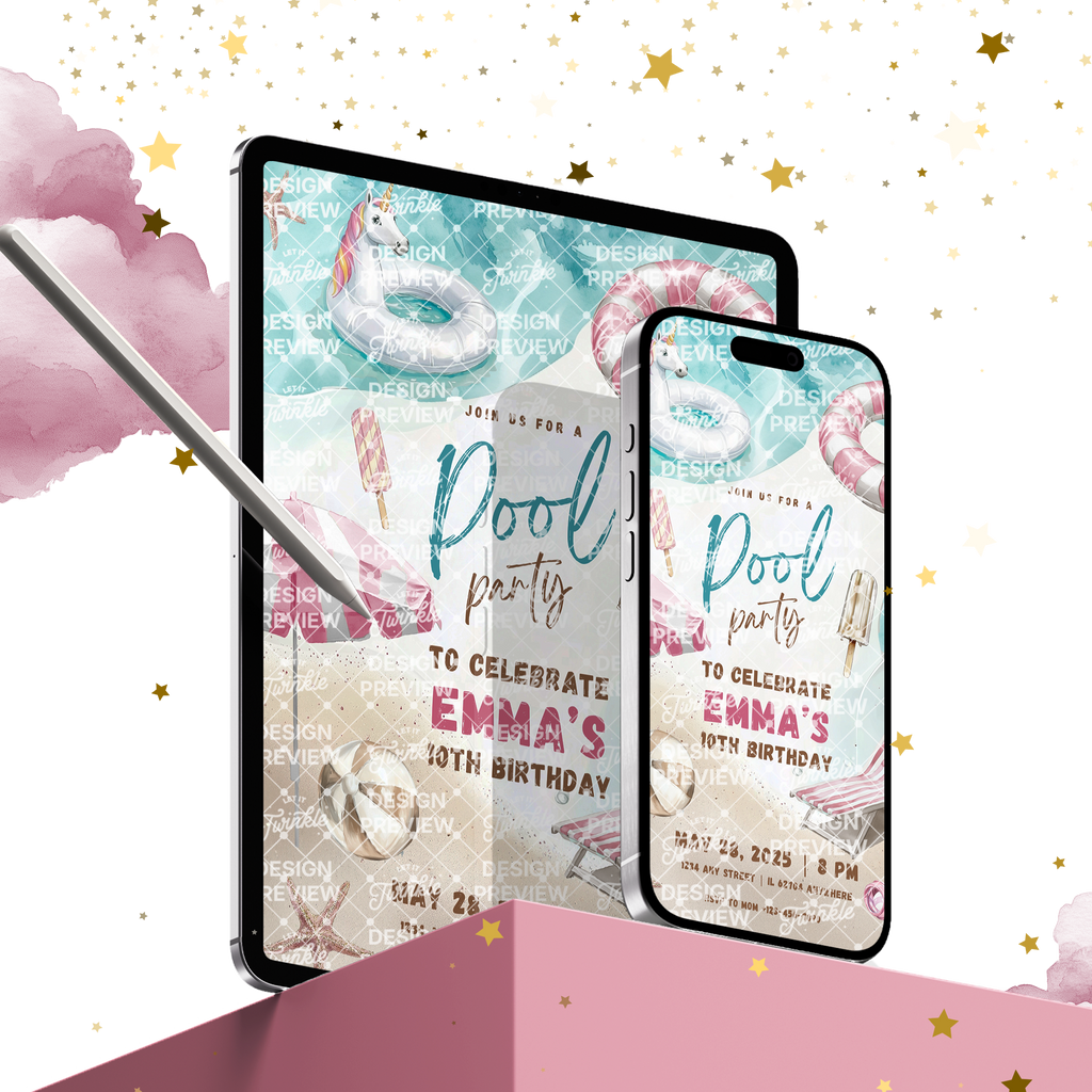 Pool Party Birthday Invitation Template • Editable Canva Invitation • Beige & Pink
