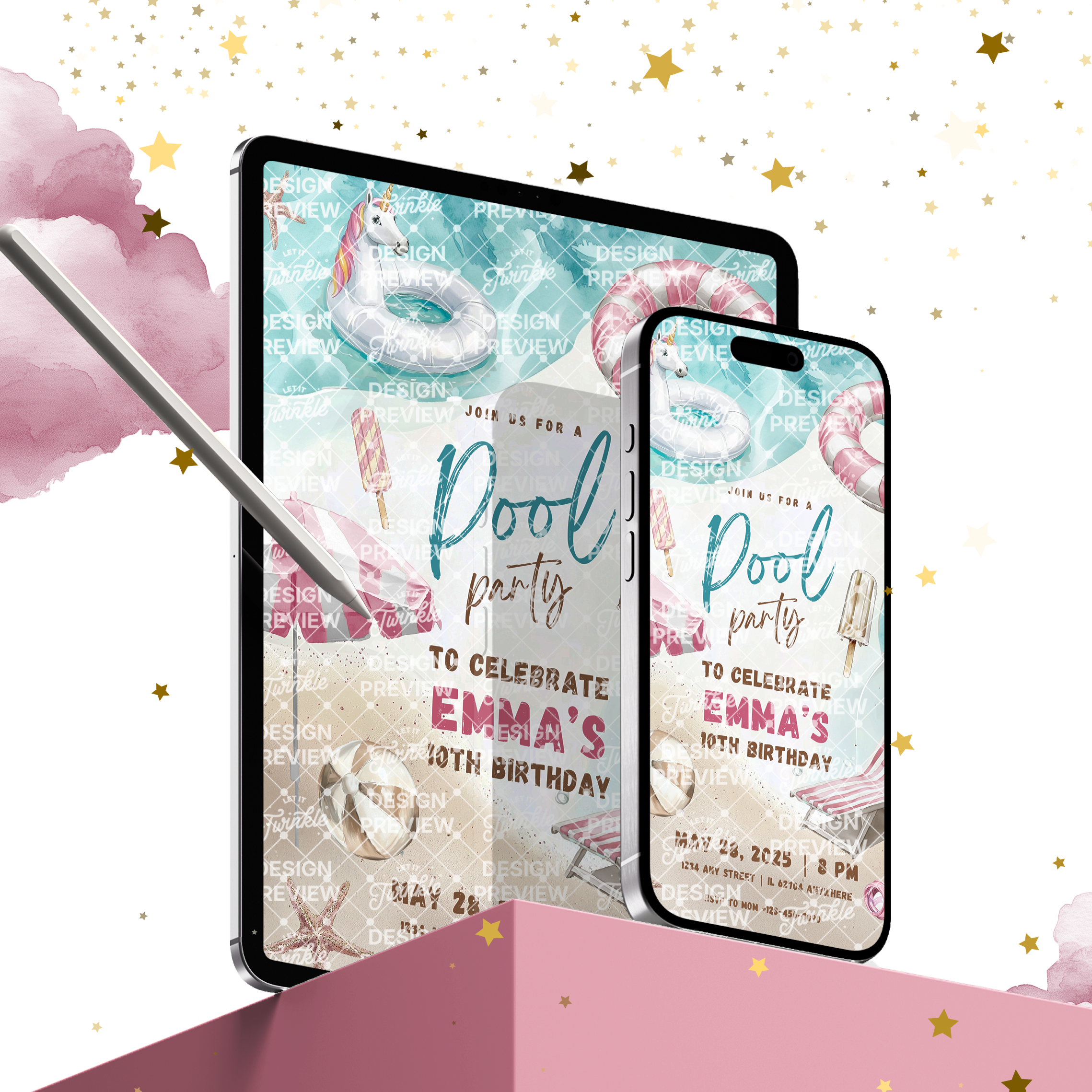 Pool Party Birthday Invitation Template • Editable Canva Invitation • Beige & Pink