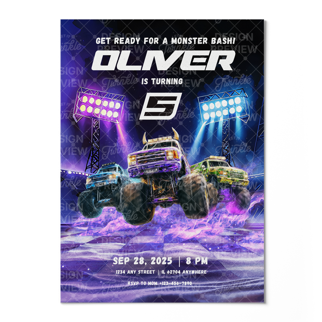 Monstertruck Geburtstagseinladung Lila & Blau