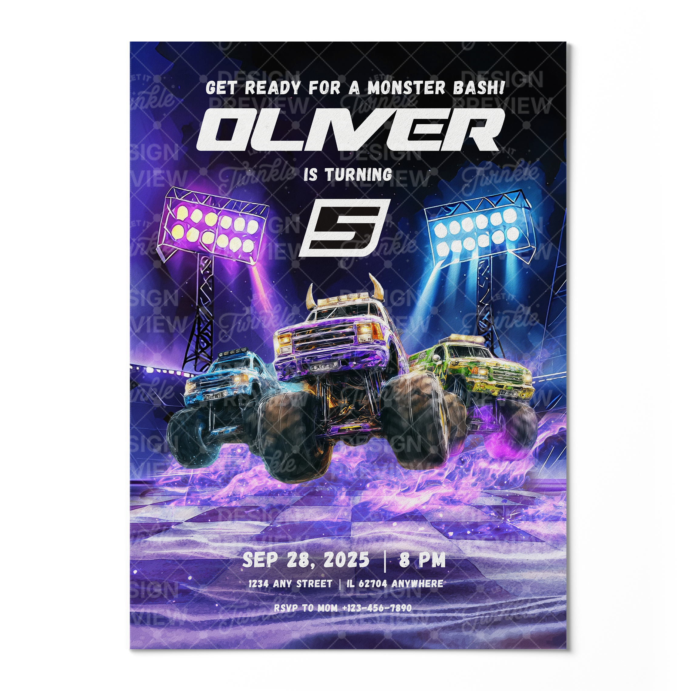 Monstertruck Geburtstagseinladung Lila & Blau