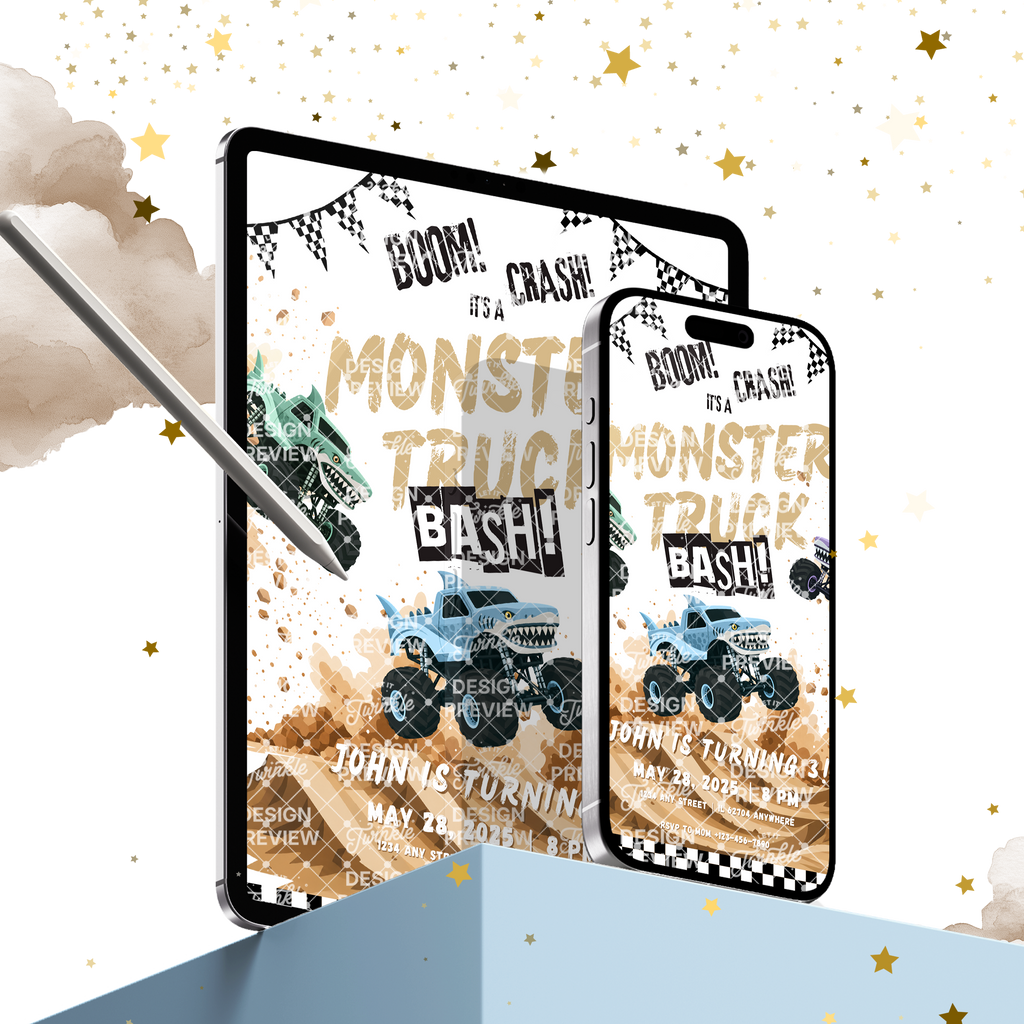 Monster Truck Bash Birthday Invitation Template • Editable Canva Invitation • Blue, Turquoise & Purple