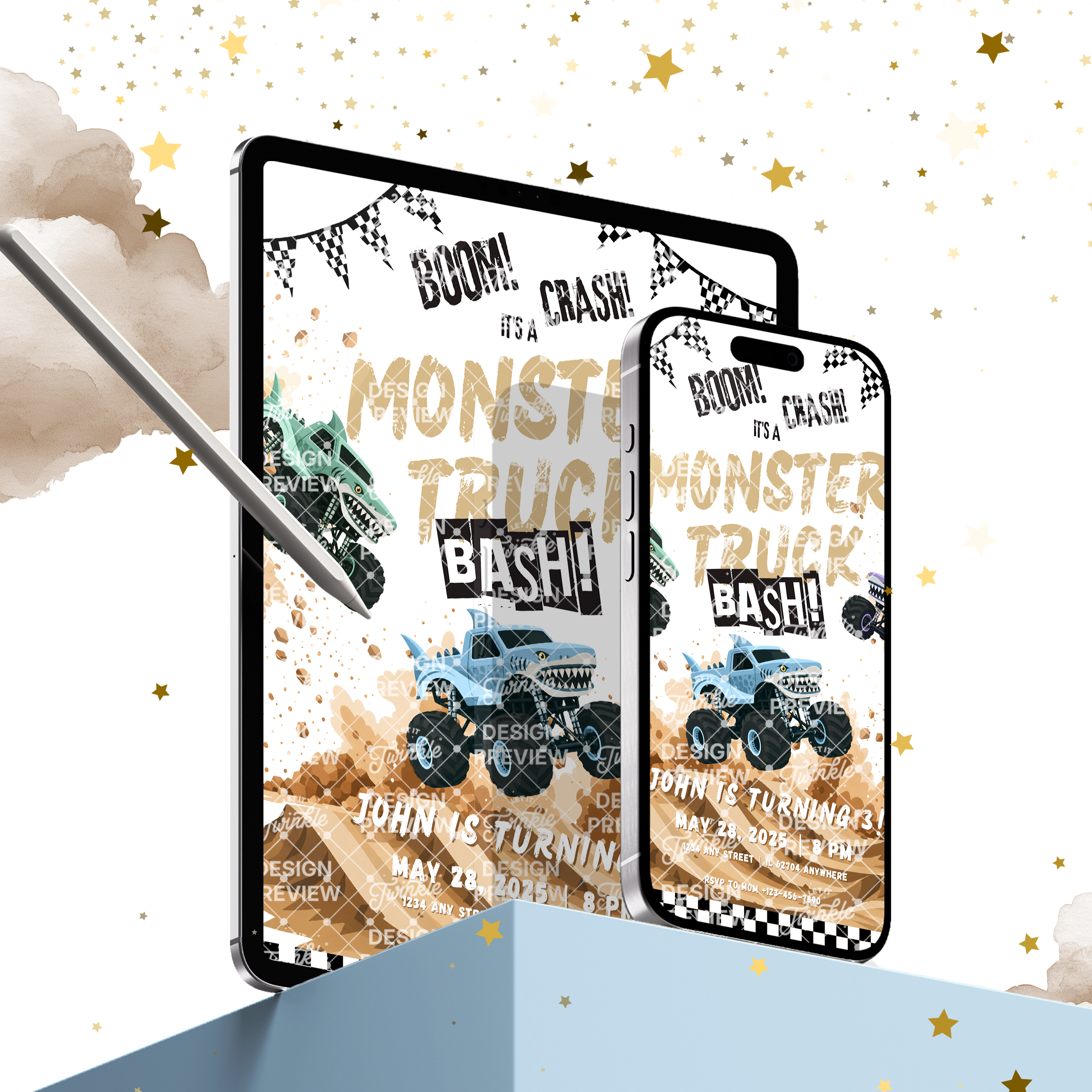 Monster Truck Bash Birthday Invitation Template • Editable Canva Invitation • Blue, Turquoise & Purple