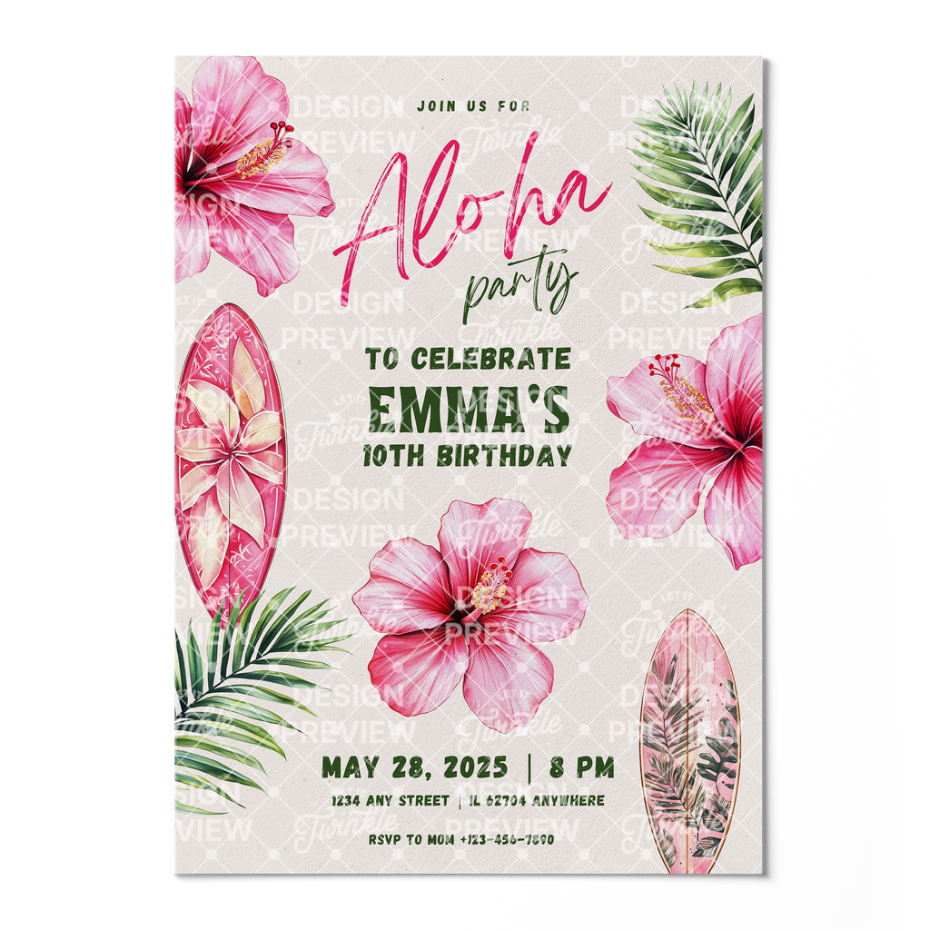 Aloha Birthday Invitation Template • Editable Canva Invitation • Pink
