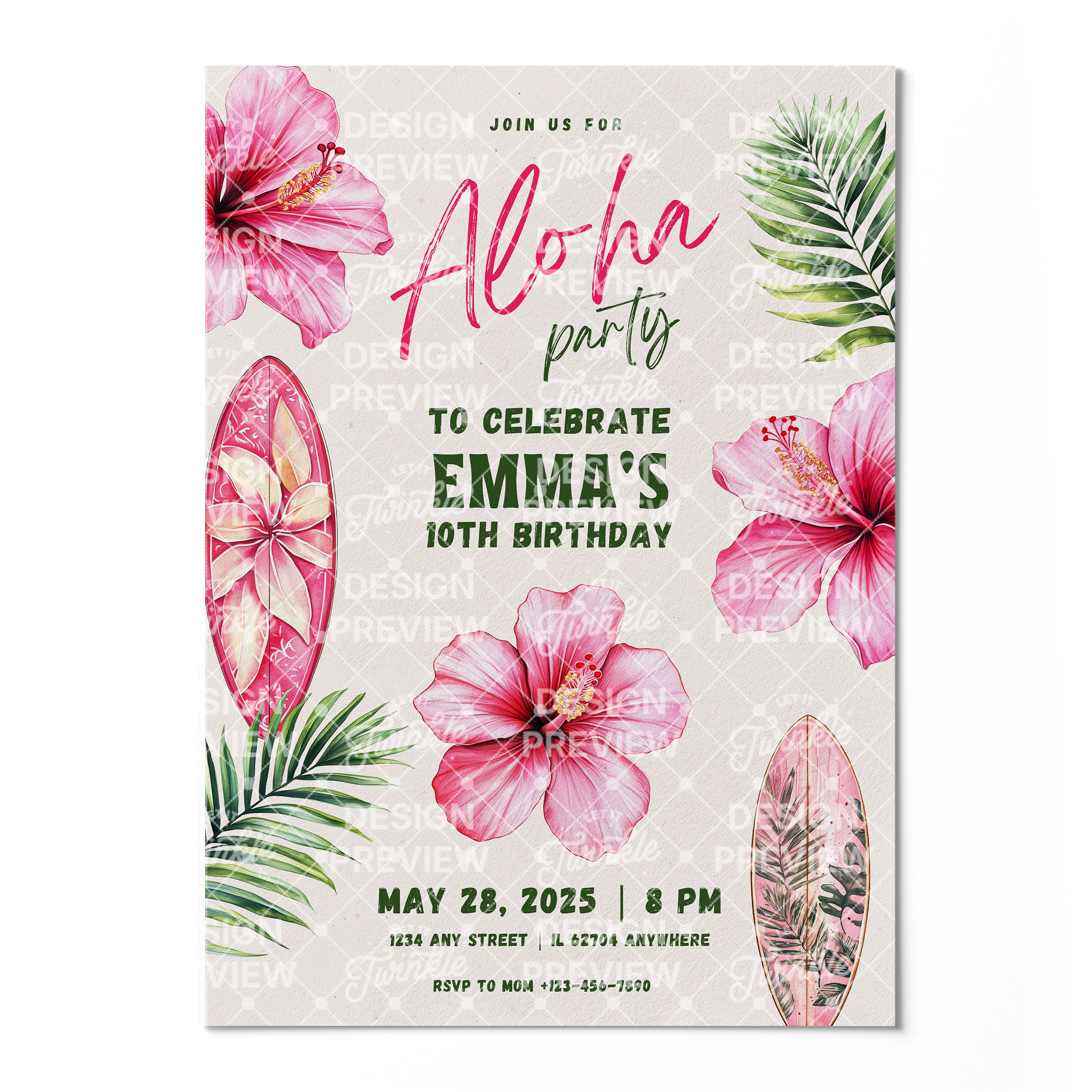 Aloha Birthday Invitation Template • Editable Canva Invitation • Pink