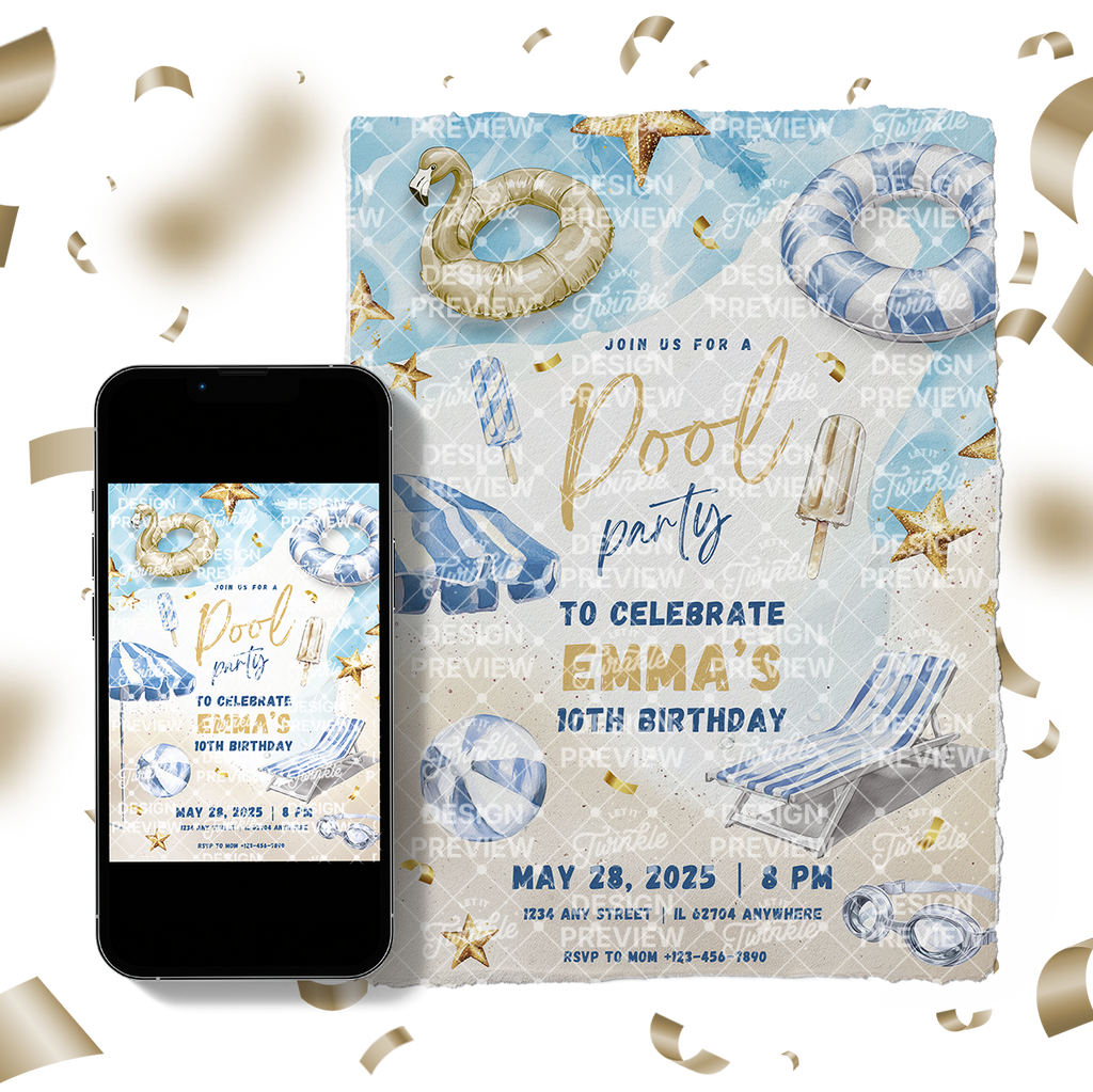 Pool Party Birthday Invitation Template • Editable Canva Invitation • Blue & Gold