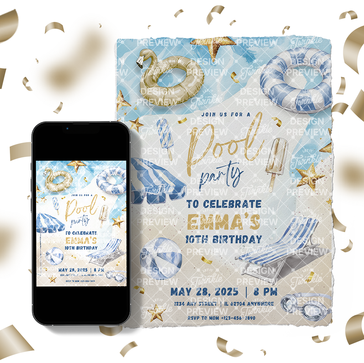 Pool Party Birthday Invitation Template • Editable Canva Invitation • Blue & Gold