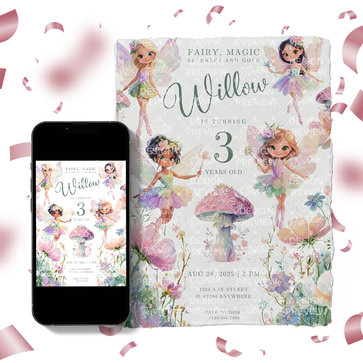 Fairy Birthday Invitation Template • Editable Canva Invitation • Pastel