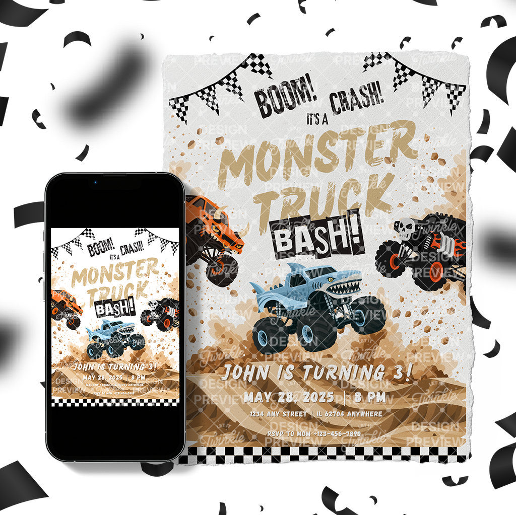 Monster Truck Bash Birthday Invitation Template • Editable Canva Invitation • Blue, Orange & Black