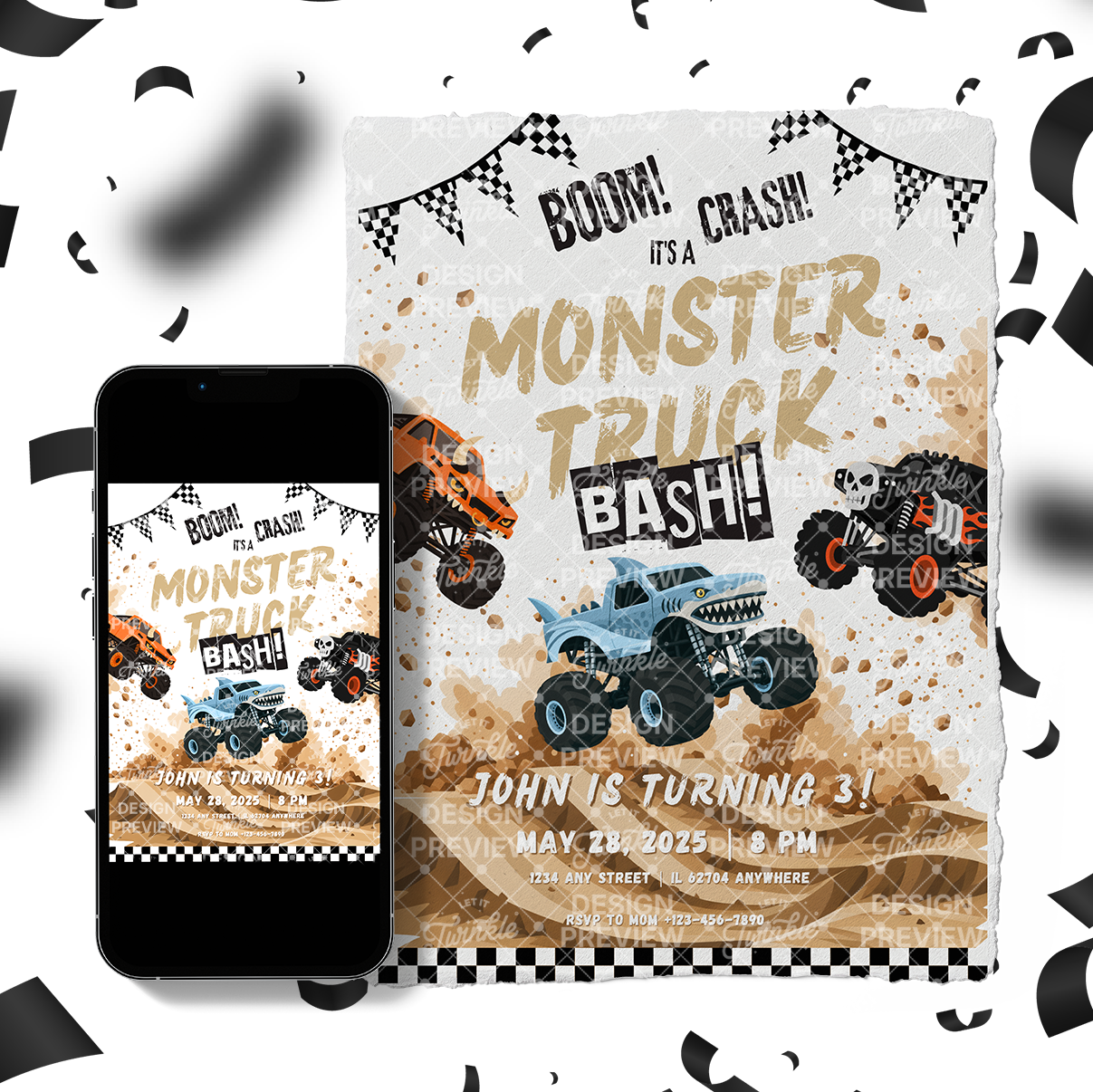 Monster Truck Bash Birthday Invitation Template • Editable Canva Invitation • Blue, Orange & Black
