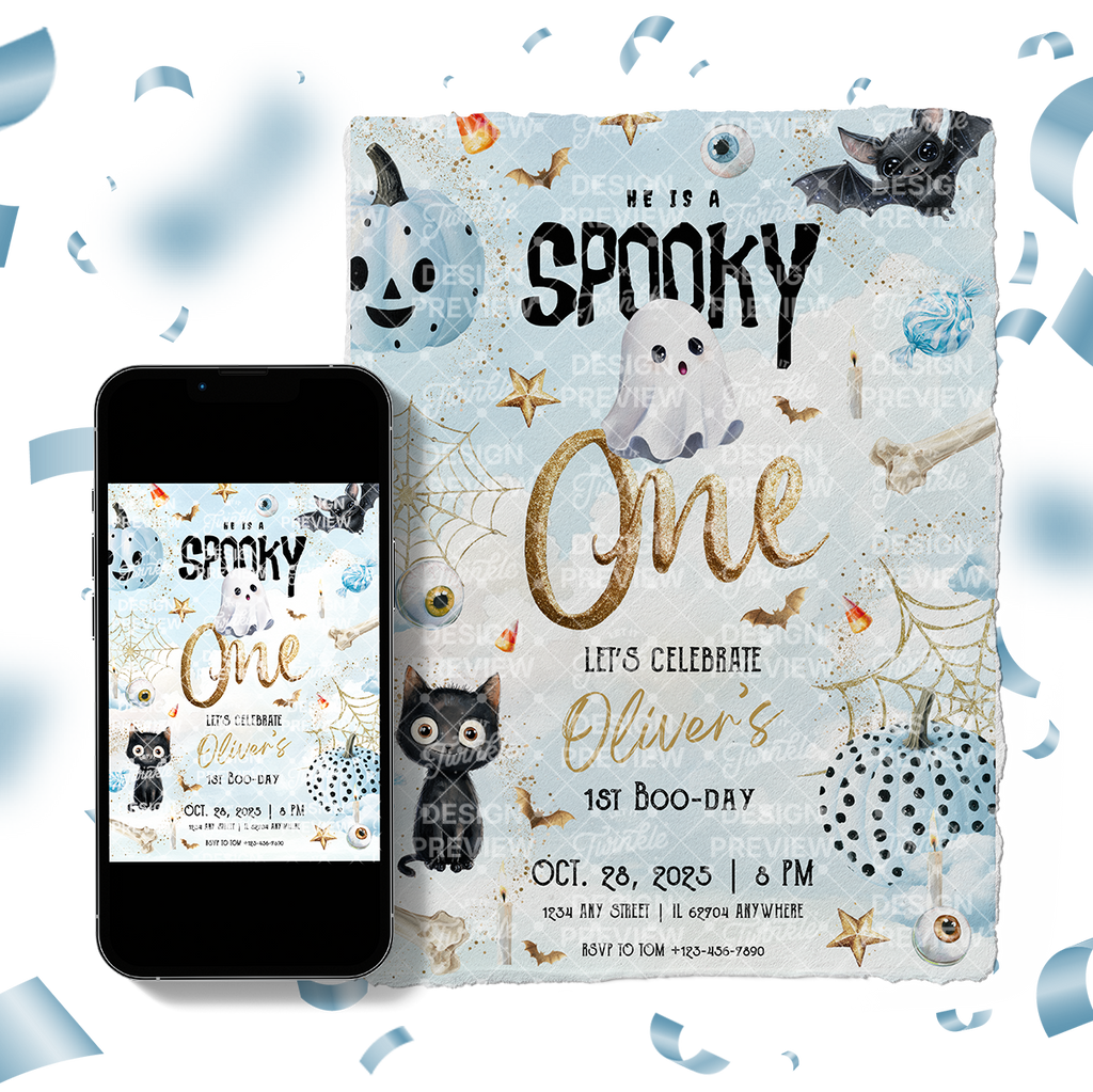 Spooky One Halloween First Birthday Invitation Template • Editable Canva Invitation • Blue & Gold