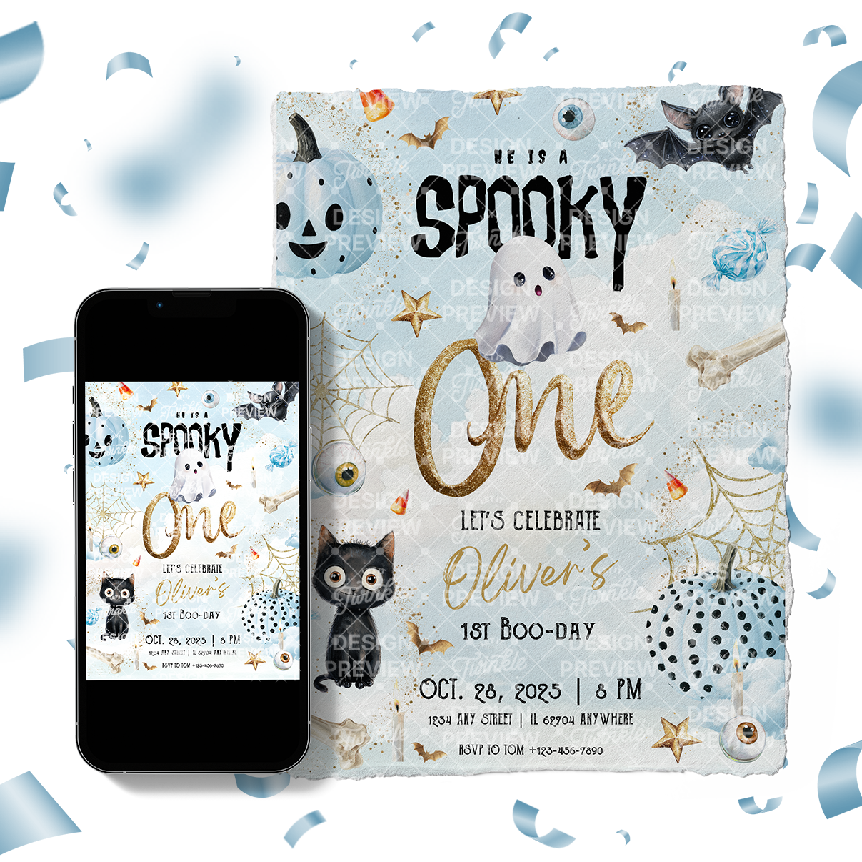 Spooky One Halloween First Birthday Invitation Template • Editable Canva Invitation • Blue & Gold