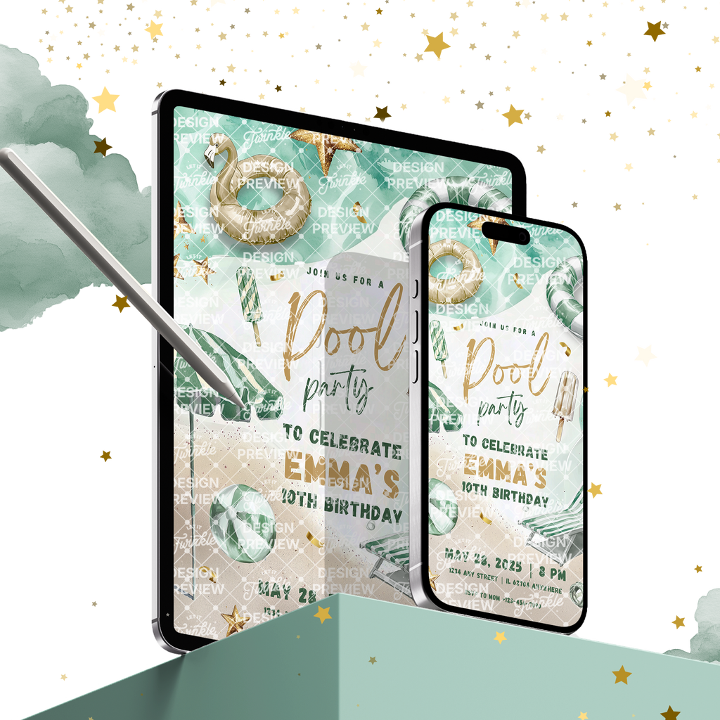 Pool Party Birthday Invitation Template • Editable Canva Invitation • Green & Gold