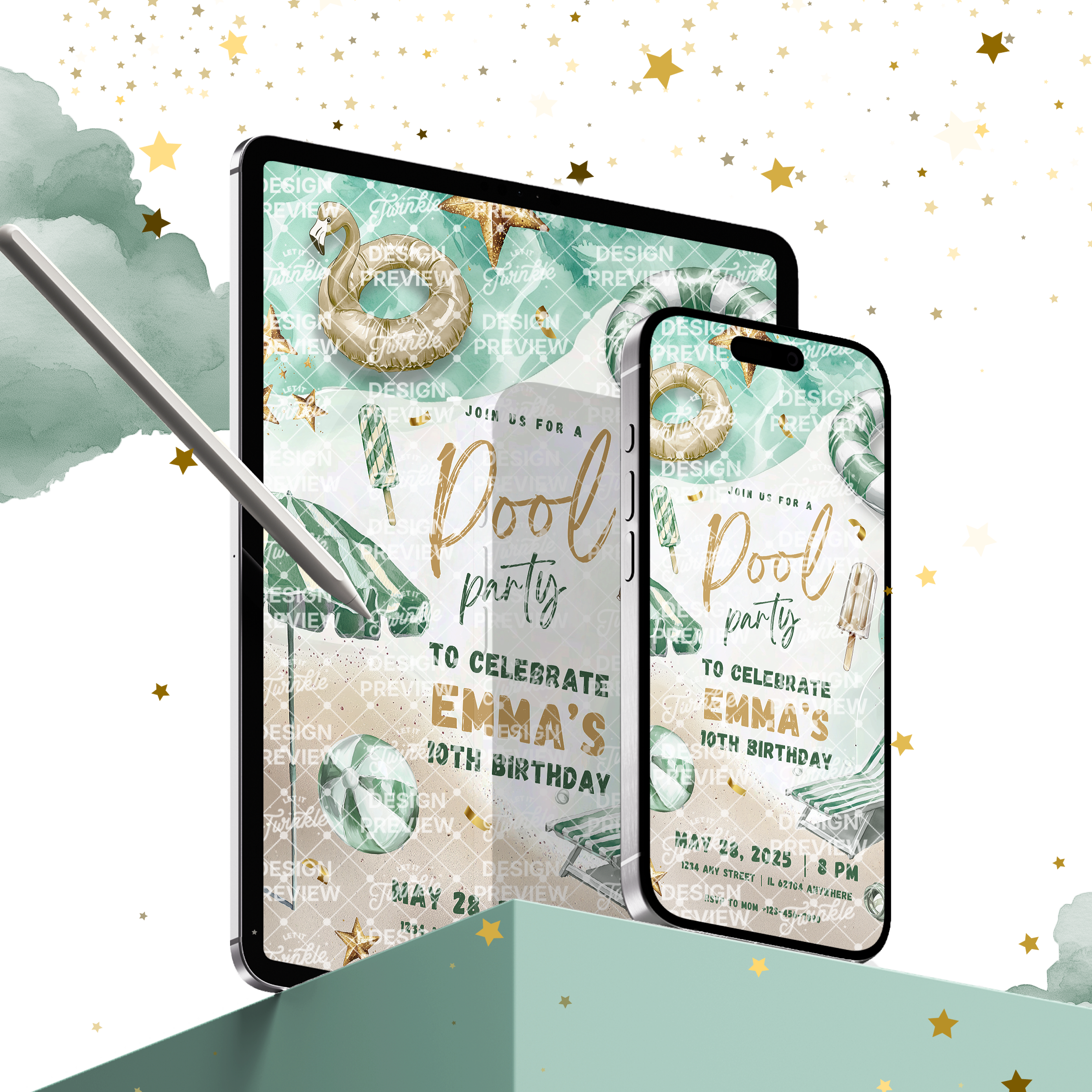 Pool Party Birthday Invitation Template • Editable Canva Invitation • Green & Gold