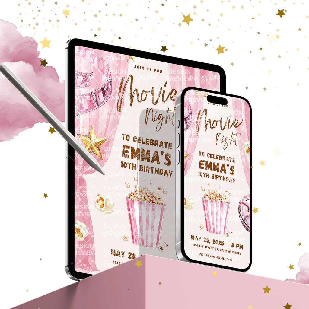 Movie Night Birthday Invitation Template • Editable Canva Invitation • Pink