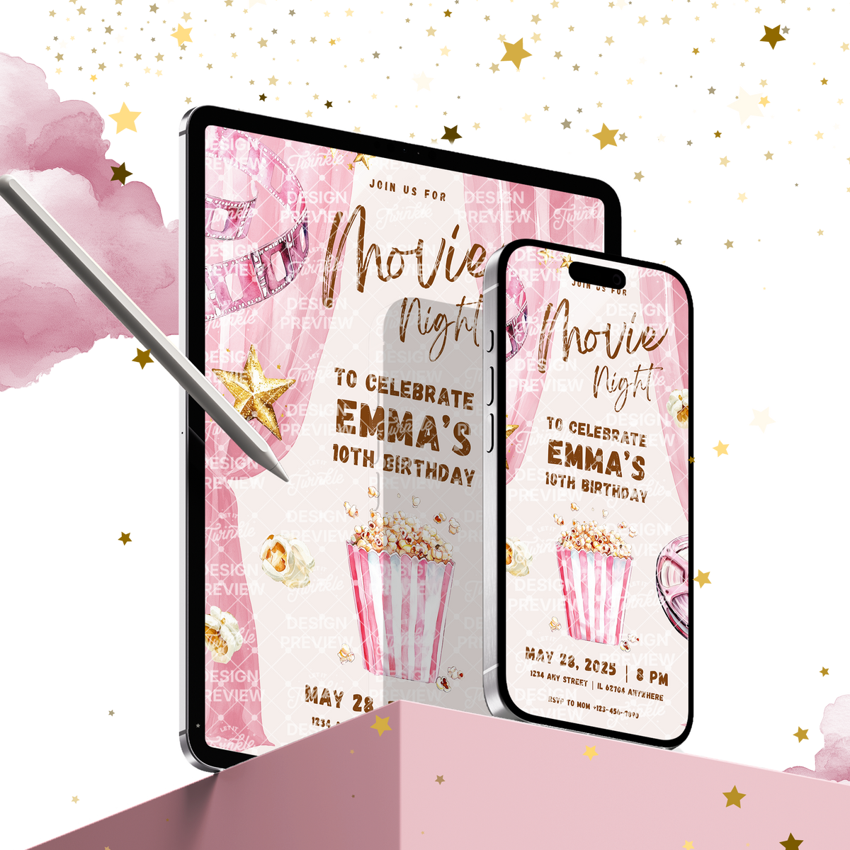 Movie Night Birthday Invitation Template • Editable Canva Invitation • Pink