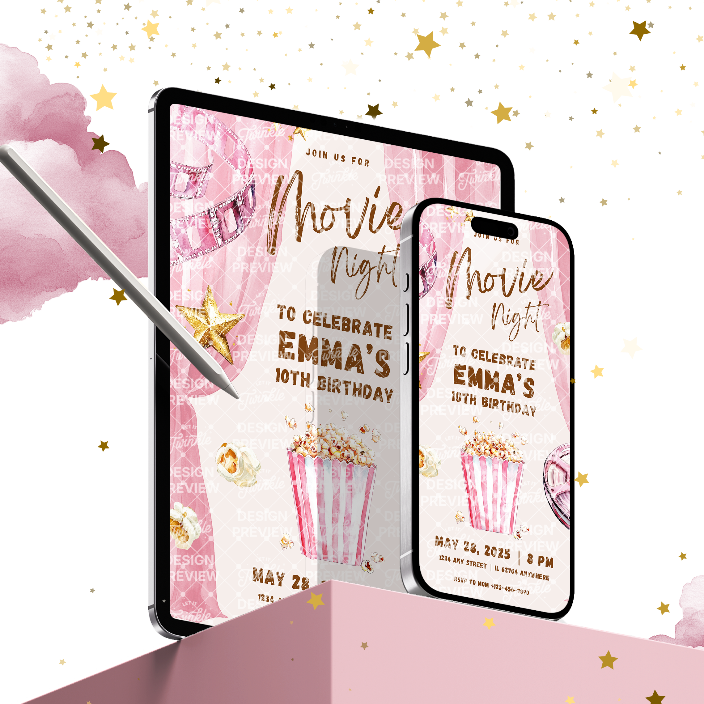 Vorlagen für Filmabend-Geburtstagseinladungen • Editierbare Canva-Einladung • Rosa & Gold