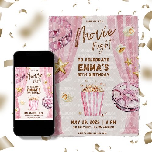 Movie Night Birthday Invitation Template • Editable Canva Invitation • Pink & Gold