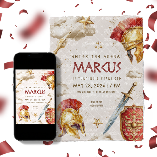 Gladiator Geburtstagseinladung Vorlage • Bearbeitbare Canva Einladung • Rot & Gold