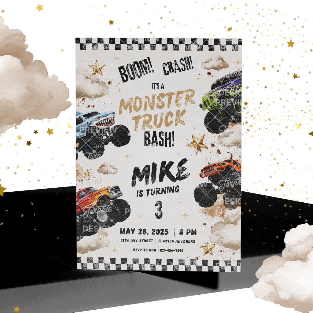 Monster Truck Bash Birthday Invitation Template • Editable Canva Invitation • Beige & Black