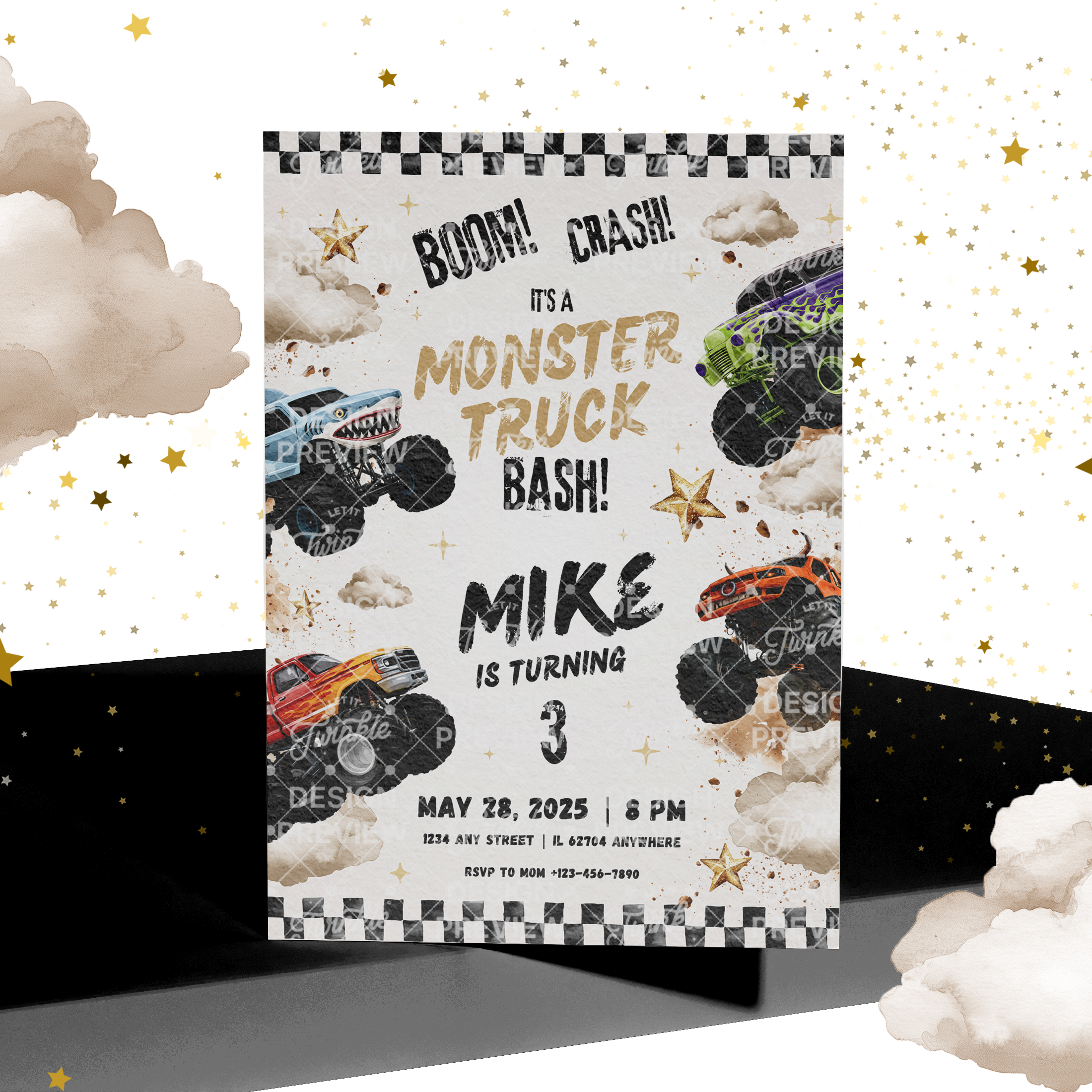 Monster Truck Bash Birthday Invitation Template • Editable Canva Invitation • Beige & Black