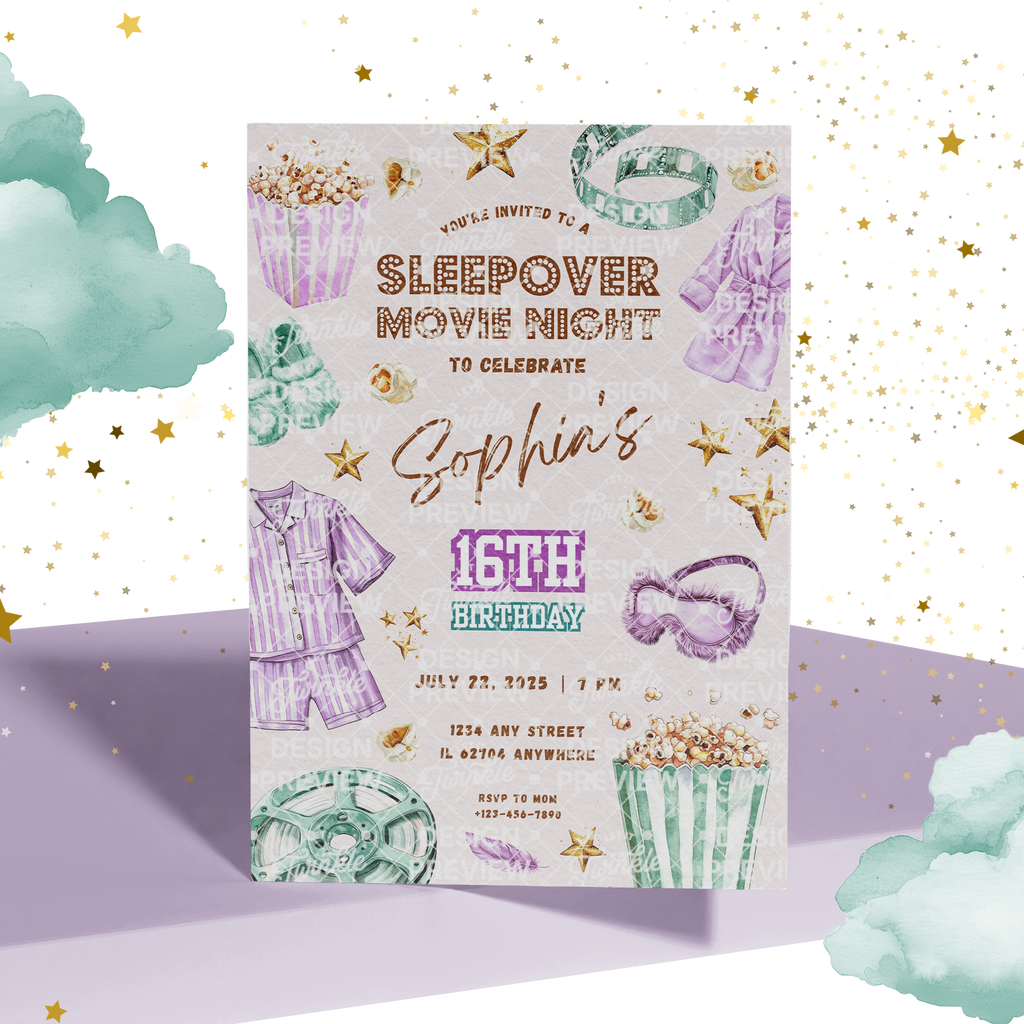 Sleepover Movie Night Birthday Invitation Template • Editable Canva Invitation • Purple & Turquoise