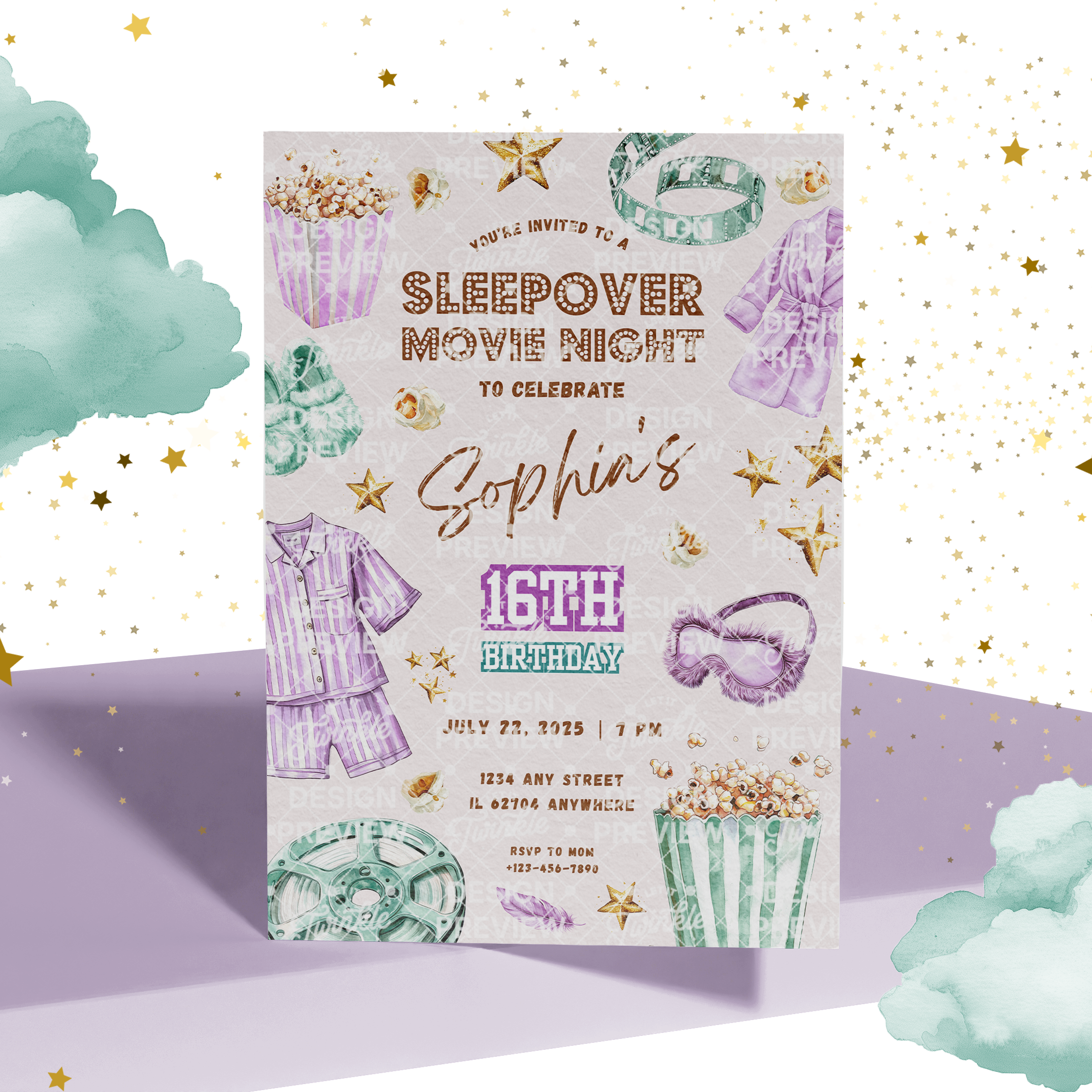 Sleepover Movie Night Birthday Invitation Template • Editable Canva Invitation • Purple & Turquoise