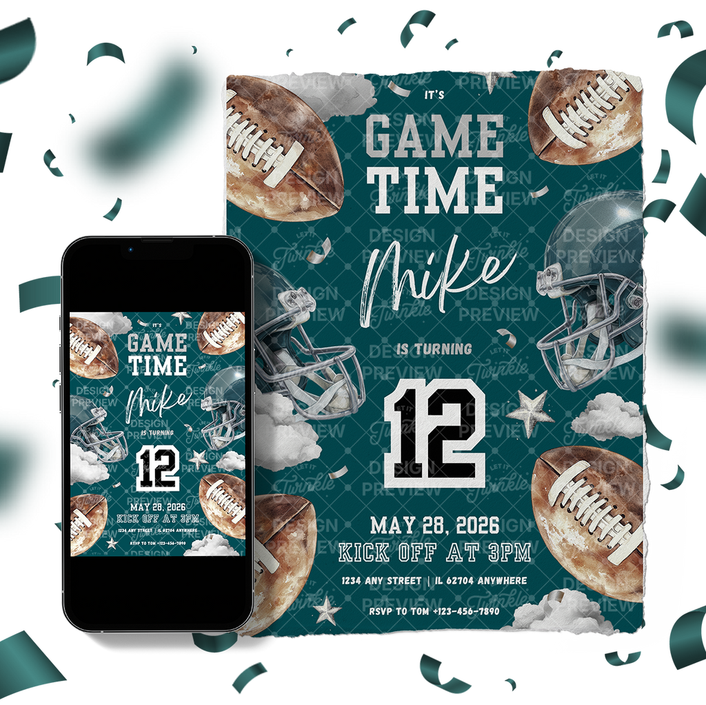 Football Birthday Invitation Template • Editable Canva Invitation • Dark Teal