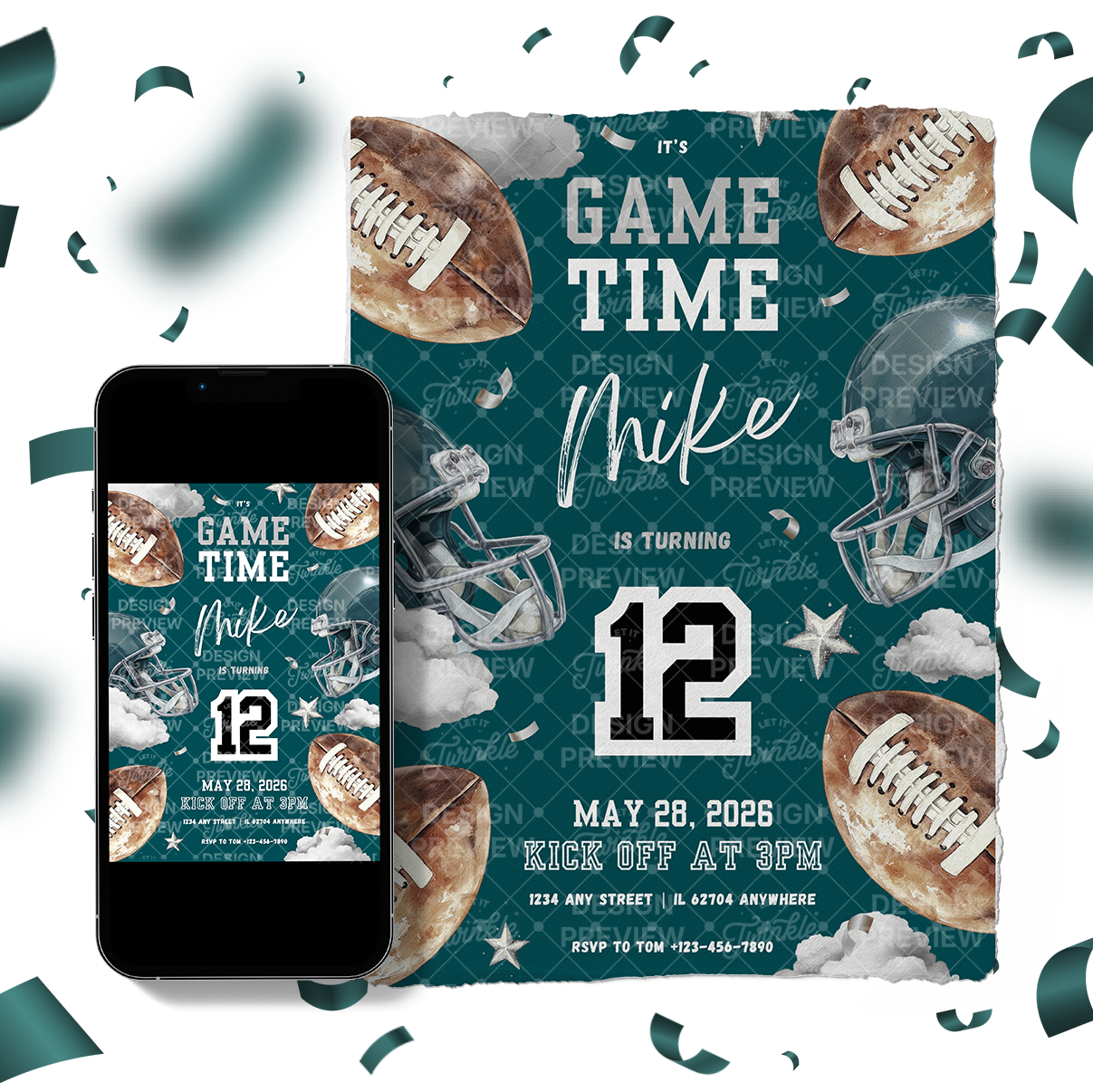 Football Birthday Invitation Template • Editable Canva Invitation • Dark Teal
