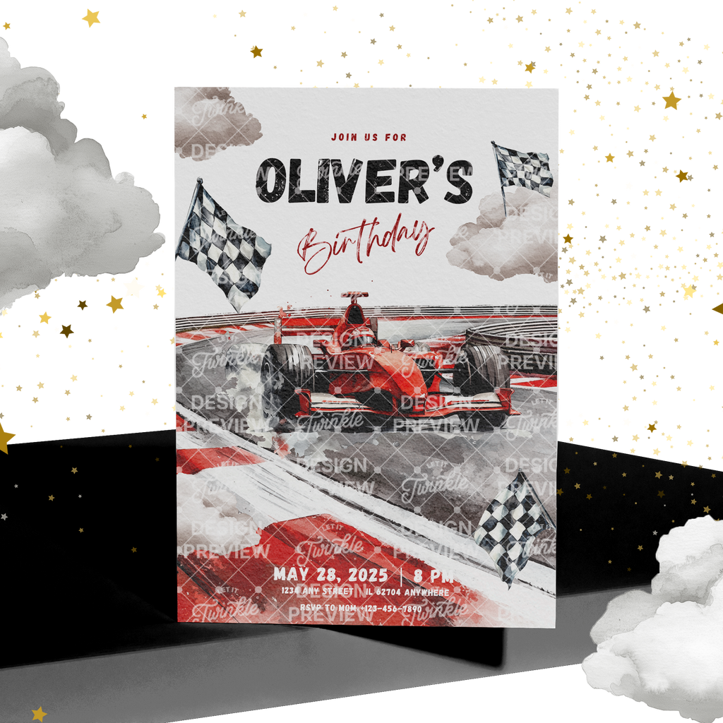 Race Car Birthday Invitation Template • Editable Canva Invitation • Red & Gray