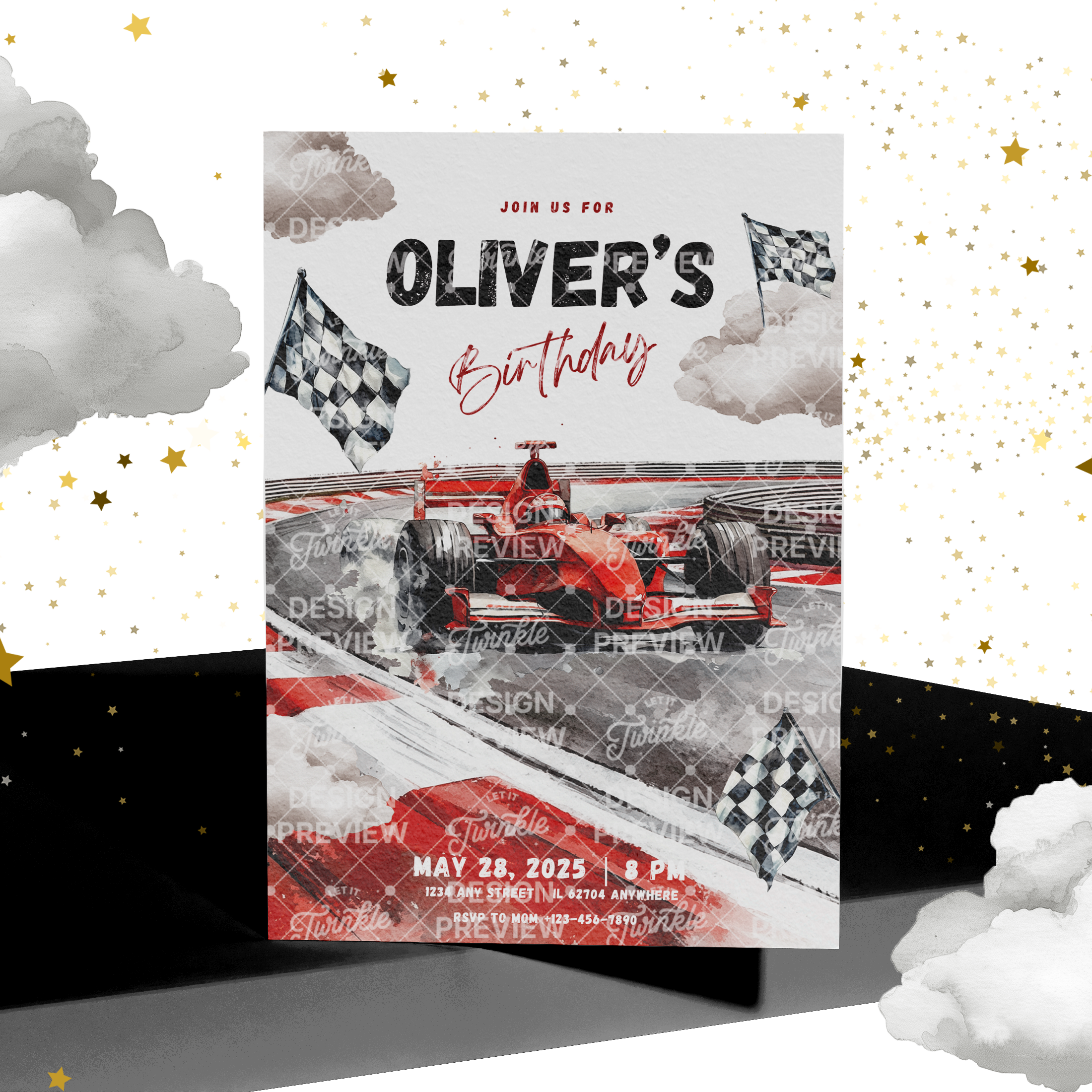 Race Car Birthday Invitation Template • Editable Canva Invitation • Red & Gray