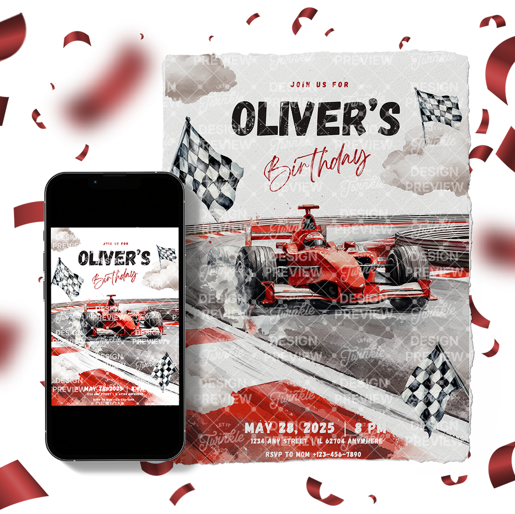 Race Car Birthday Invitation Template • Editable Canva Invitation • Red & Gray