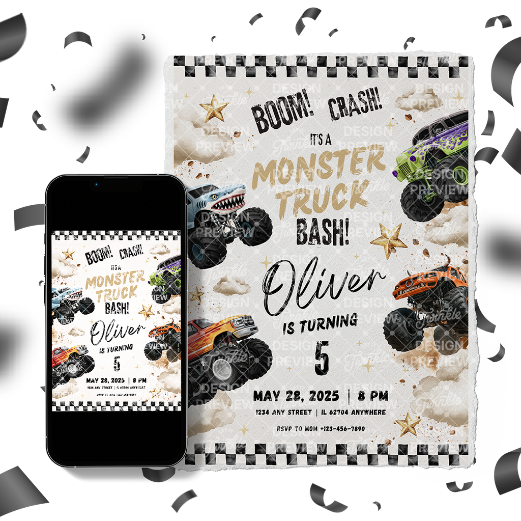 Monster Truck Bash Birthday Invitation Template • Editable Canva Invitation • Beige & Black