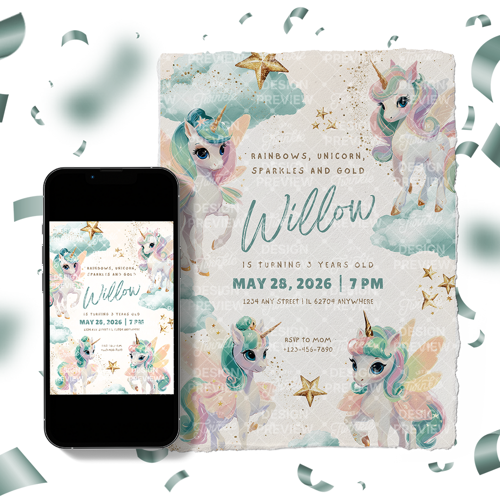 Unicorn Birthday Invitation Template • Editable Canva Invitation • Pastel Turquoise