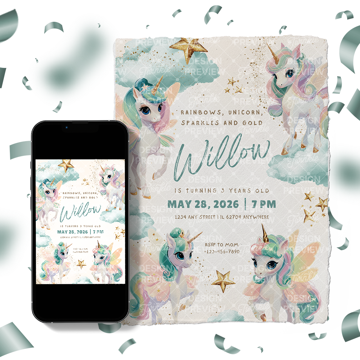 Unicorn Birthday Invitation Template • Editable Canva Invitation • Pastel Turquoise