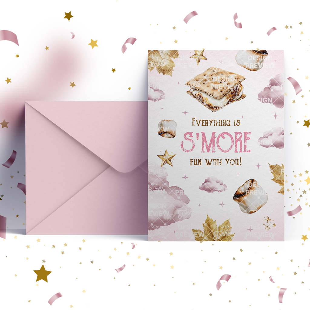 S'more Fun Birthday Invitation Template • Editable Canva Invitation • Pink & Gold
