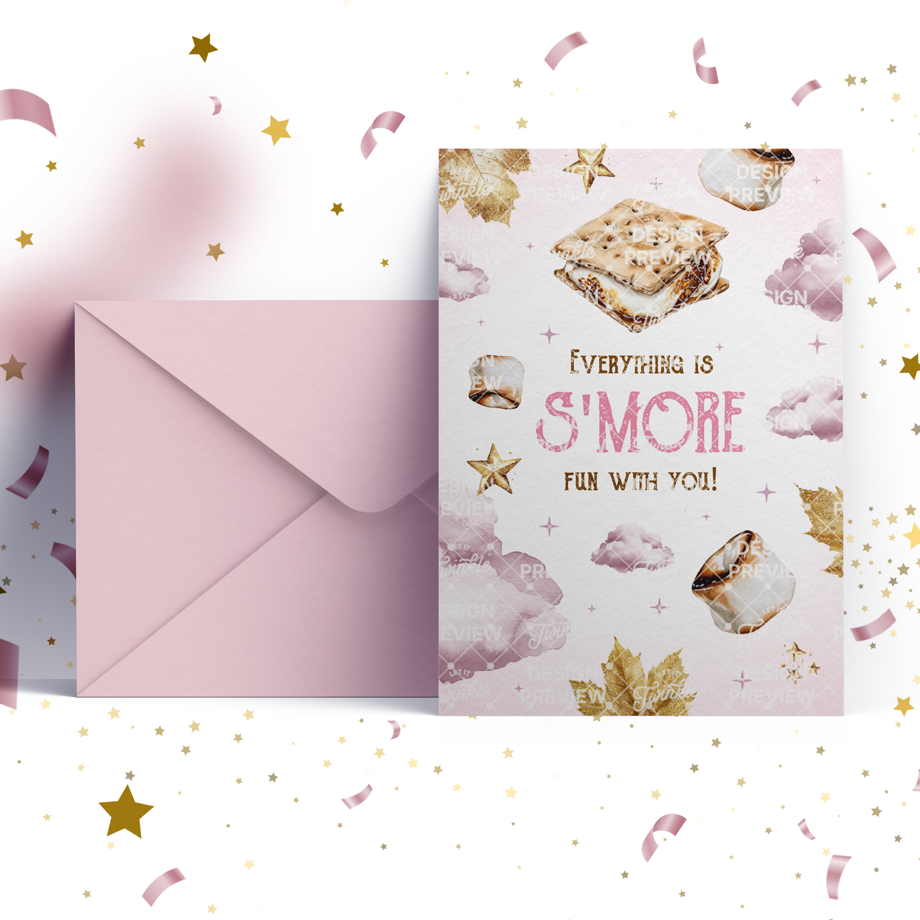 S'more Fun Birthday Invitation Template • Editable Canva Invitation • Pink & Gold