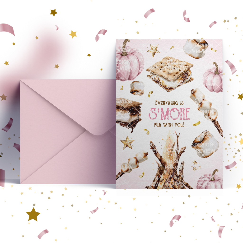 S'more Birthday Invitation Template • Editable Canva Invitation • Pink & Gold