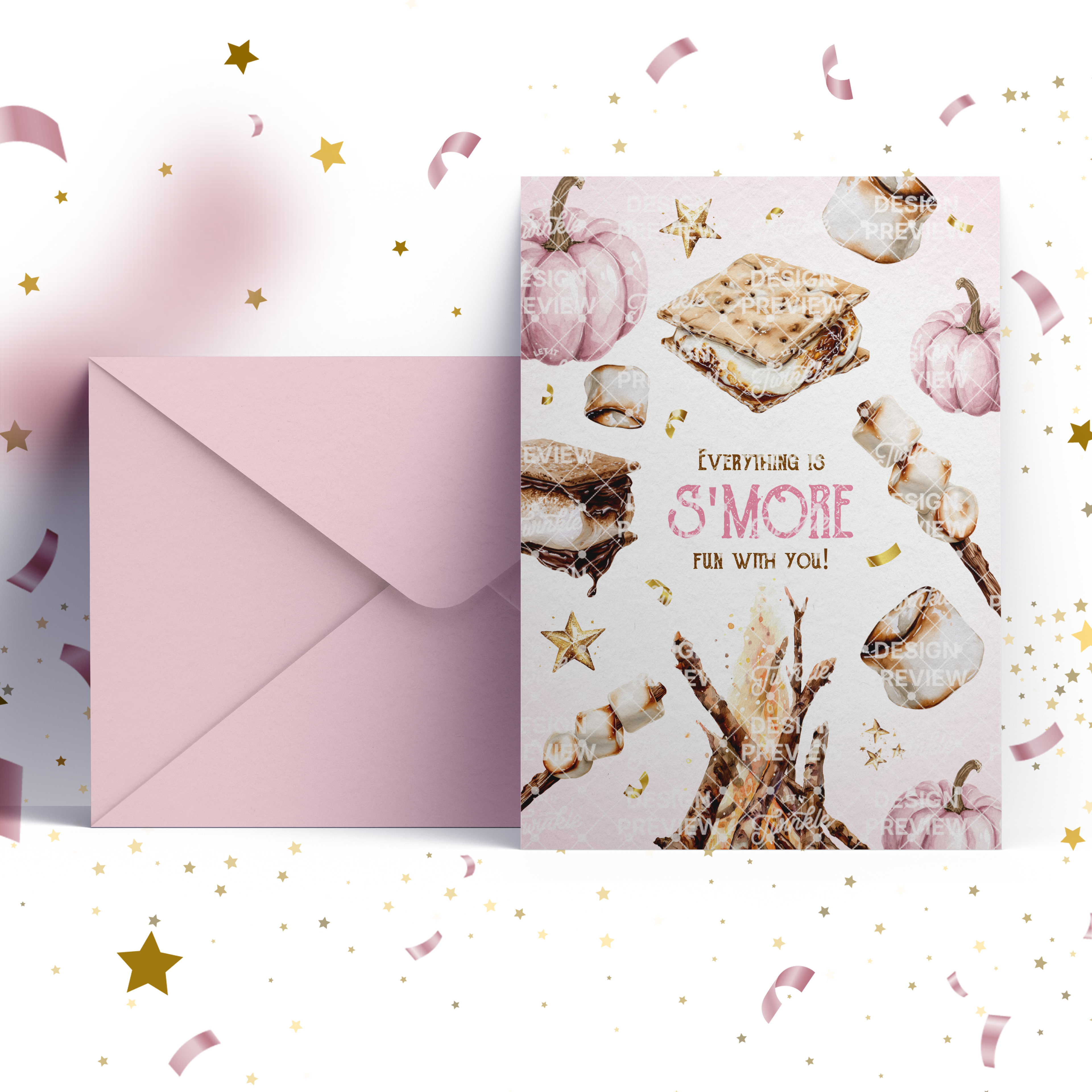 S'more Birthday Invitation Template • Editable Canva Invitation • Pink & Gold
