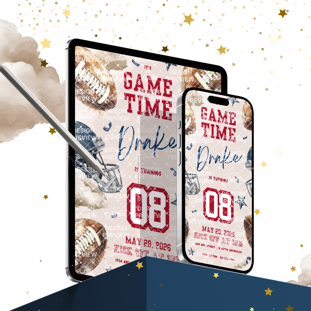 Football Birthday Invitation Template • Editable Canva Invitation • Blue & Red