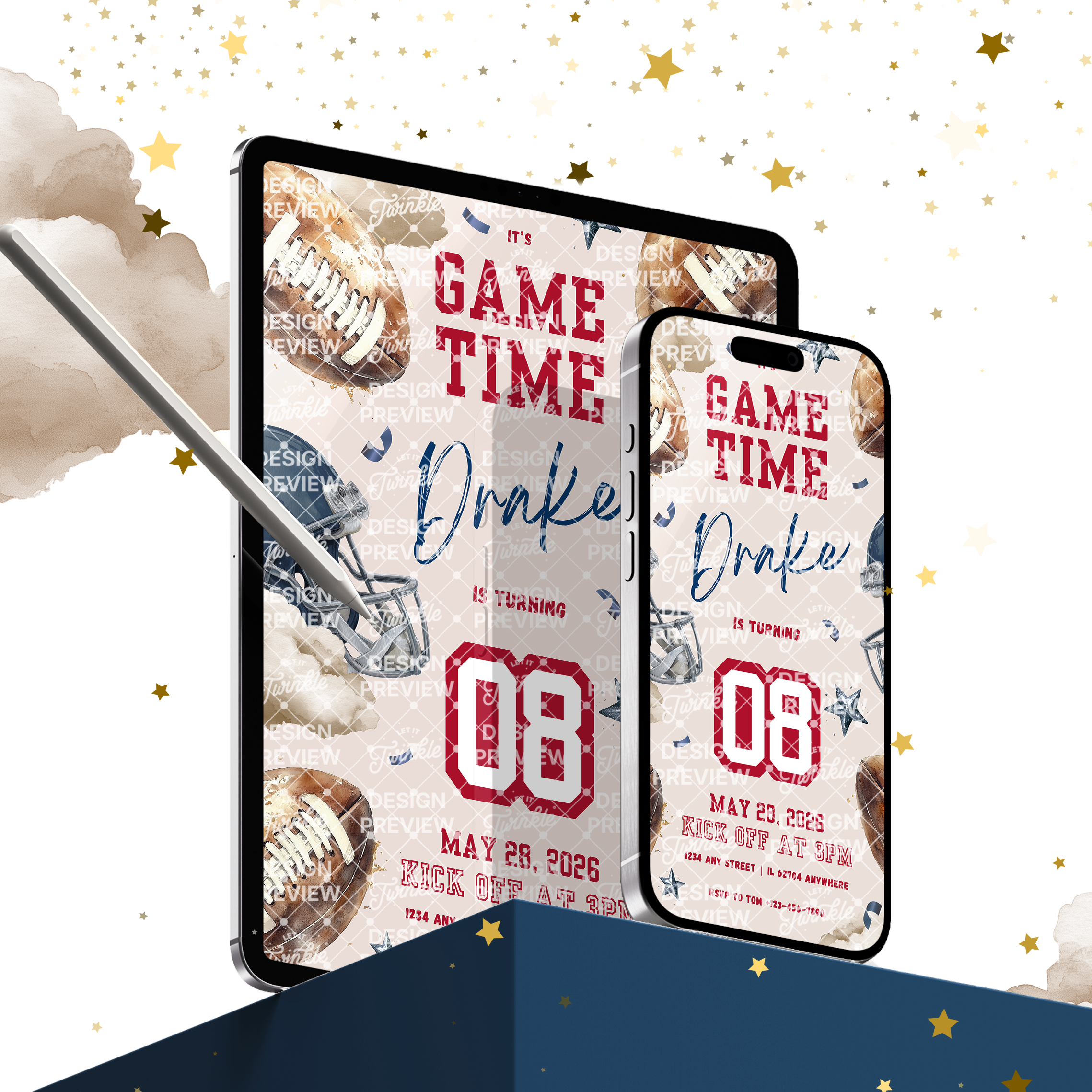 Football Birthday Invitation Template • Editable Canva Invitation • Blue & Red