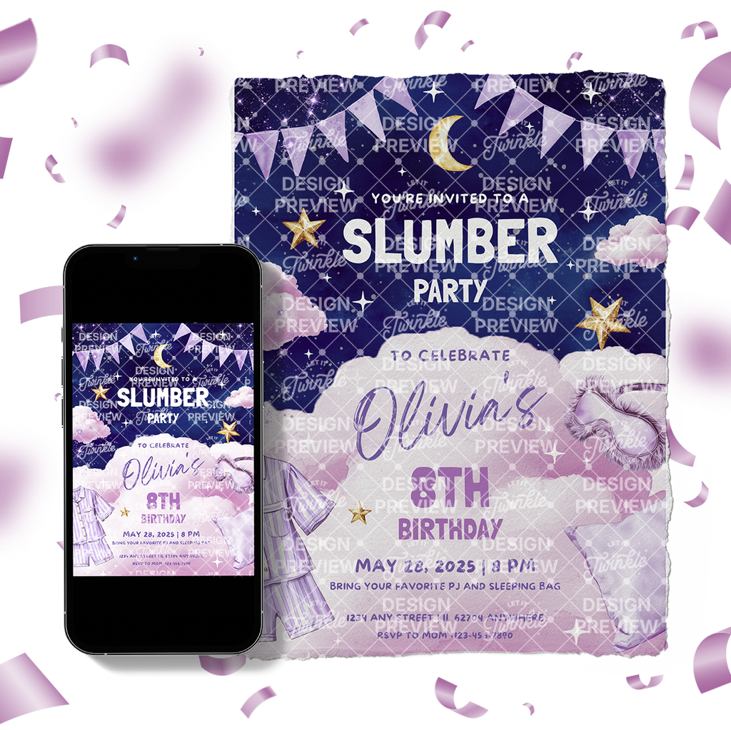 Pajama Party Night Birthday Invitation Template • Editable Canva Invitation • Purple & Pink