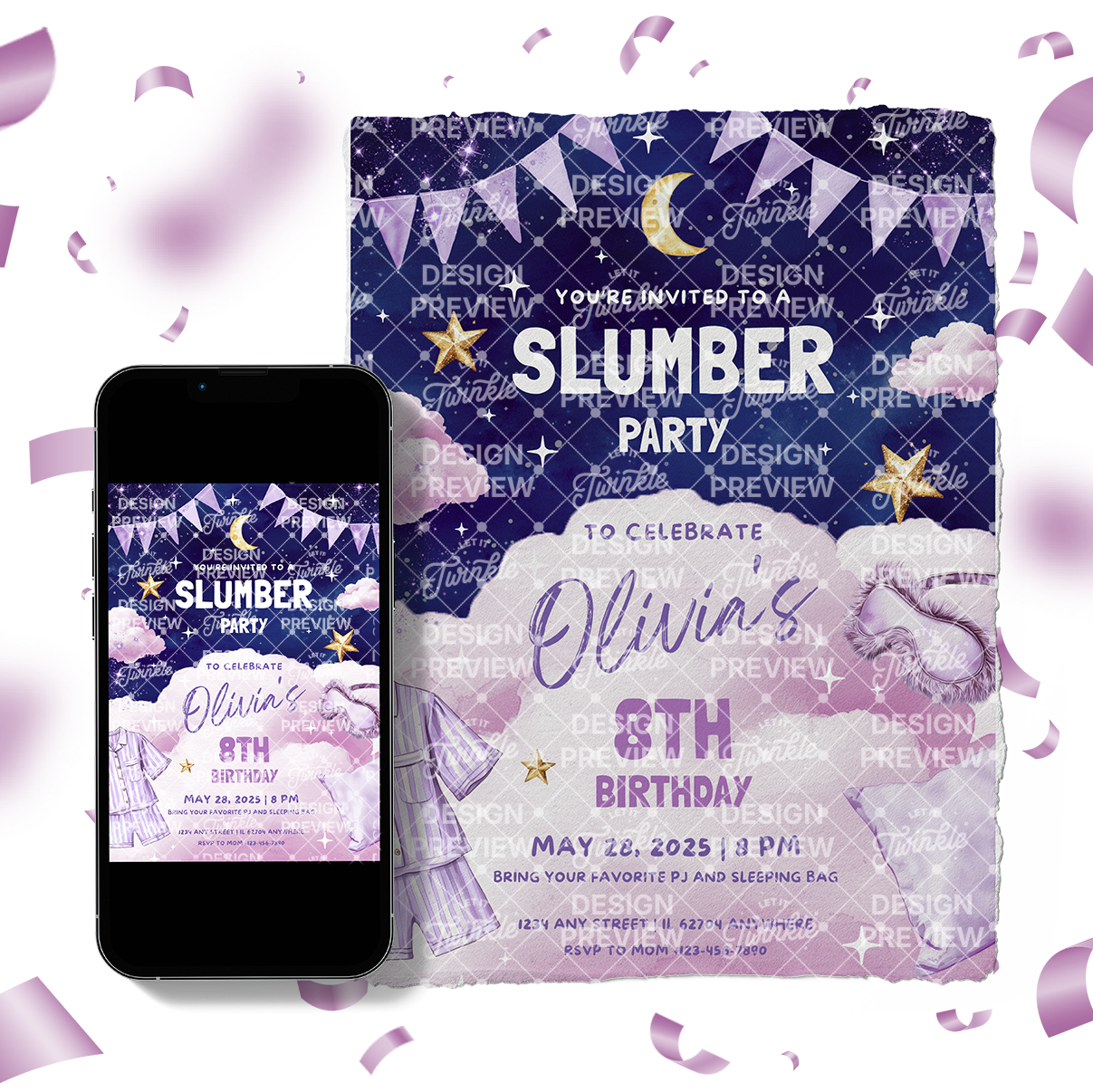 Pajama Party Night Birthday Invitation Template • Editable Canva Invitation • Purple & Pink