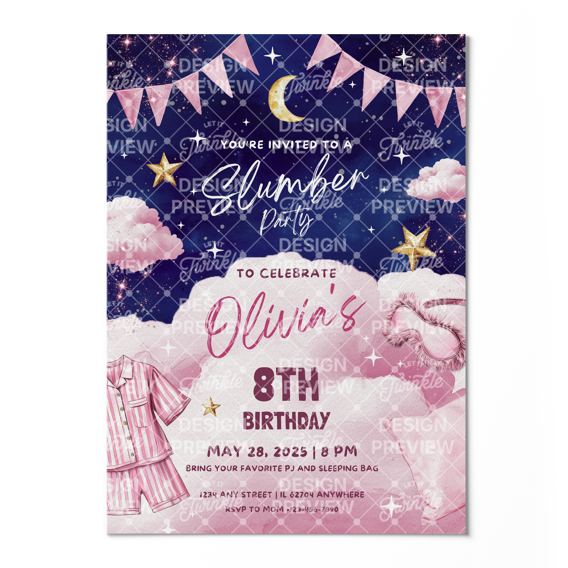 Pajama Party Night Birthday Invitation Template • Editable Canva Invitation • Pink & Blue