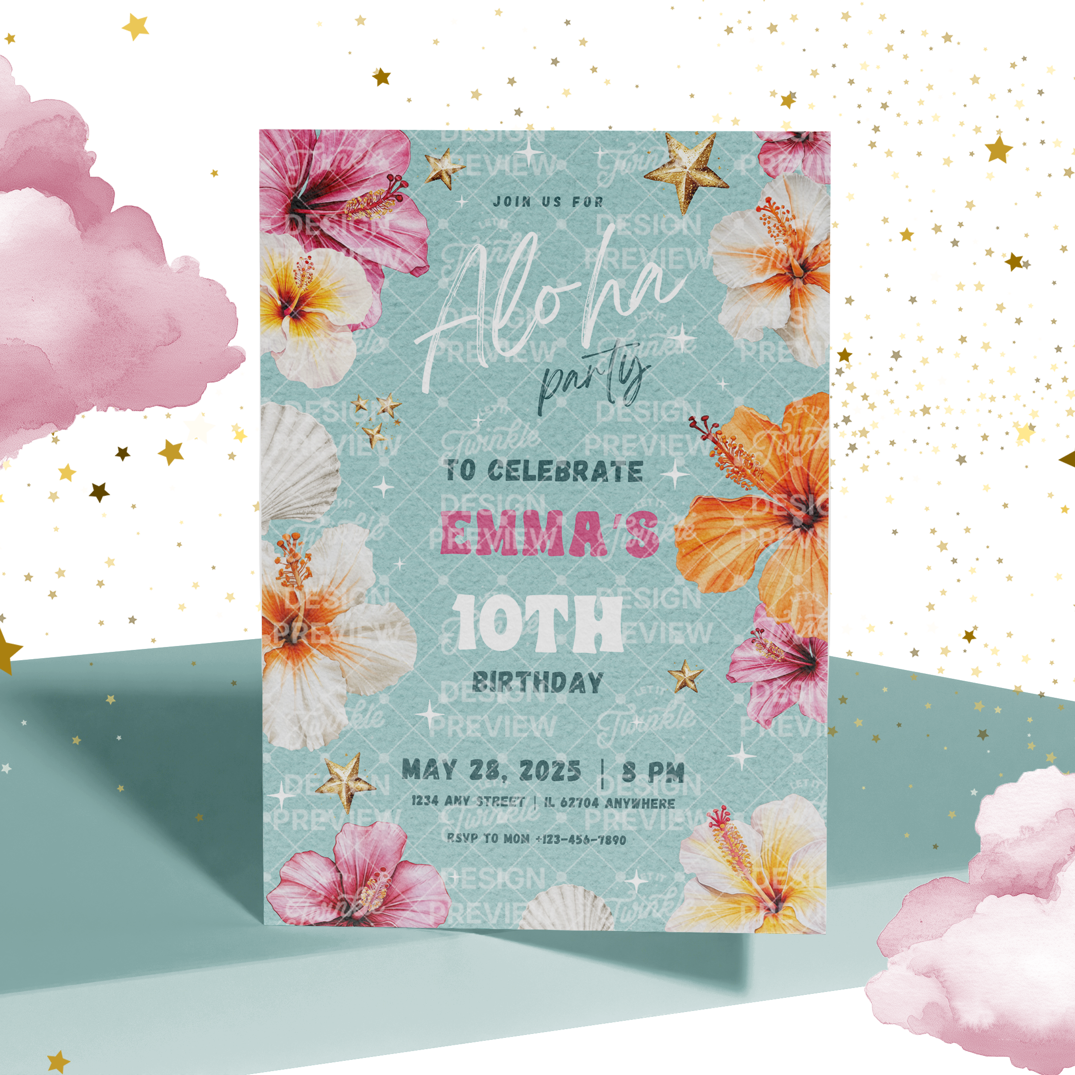 Aloha Geburtstagseinladungs-Vorlage • Bearbeitbare Canva-Einladung • Rosa