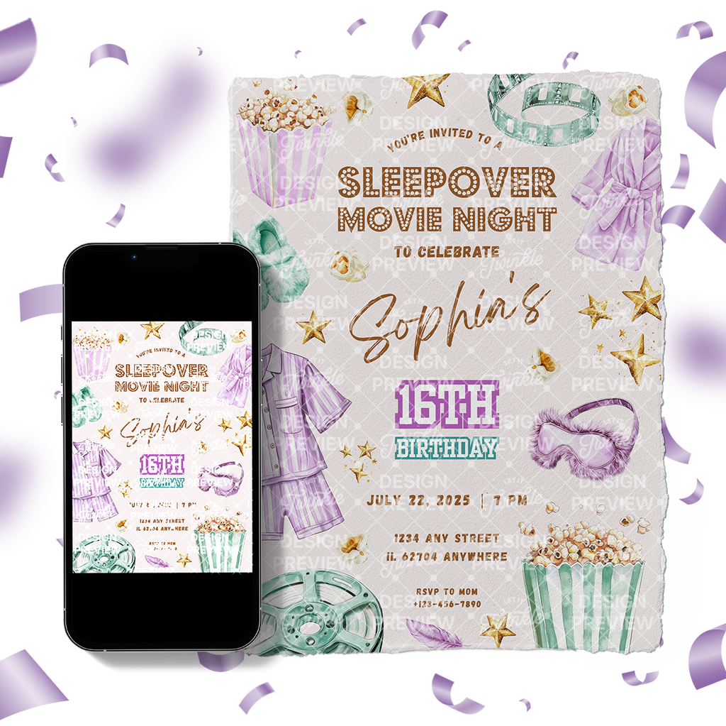 Sleepover Movie Night Birthday Invitation Template • Editable Canva Invitation • Purple & Turquoise